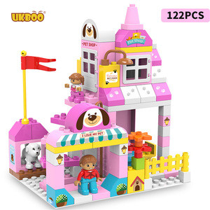 UKBOO 112 PCS H135-2 Street View Pet Shop Pink Dream House Girl Gift Castle Dog Figures Building Block for Girl