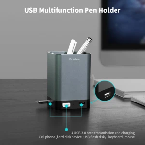 Usb Metal Pen holder with 4 USB 2.0 Ports Durable and sturdy Aluminum Desk Organizer for Office Home