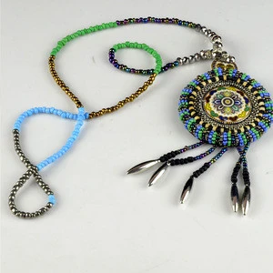 Vintage bohemian style long necklace, beaded pendant/collar for garment accessories