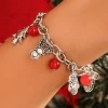 Vintage Silver Plated Cuban Chain Bracelet Christmas Jewelry Set Simple Snowflake Elk Tassel Necklace Red Beaded Bracelets Set