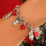 Vintage Silver Plated Cuban Chain Bracelet Christmas Jewelry Set Simple Snowflake Elk Tassel Necklace Red Beaded Bracelets Set