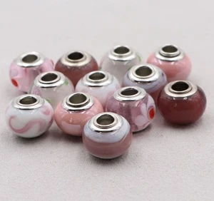 Wholesale Cheap Handmade Murano Lampwork Glass Pink big hole spacer beads  with Silver Plated Metal Core