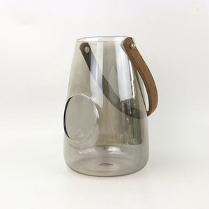Wholesale Handmade Smokey Gray Round Glass Candle Hurricane Lantern Candle holder With Leather Handle