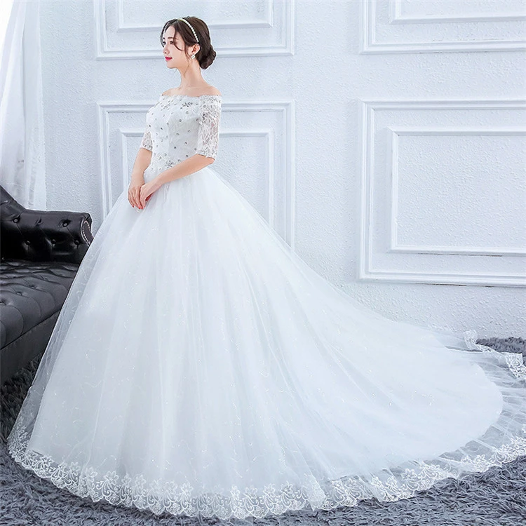 wholesale luxury long tail white lace plus size wedding dress bridal gown