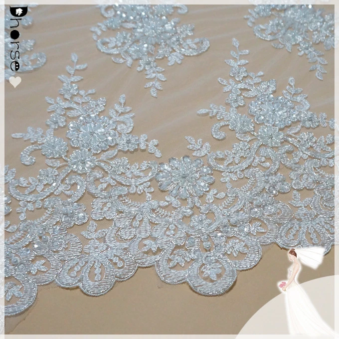 Wholesale price 100% polyester beaded heavy bridal cord lace fabric DH-BF775