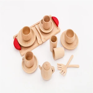 Wholesale simulation mini tableware solid beech wood toy for kids