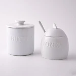 Wholesale white butter keeper porcelain jar with lid ceramic sugar canister honey pot with spoon