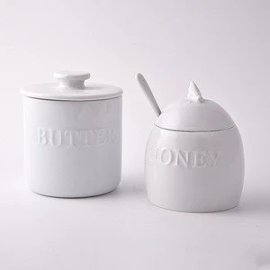 Wholesale white butter keeper porcelain jar with lid ceramic sugar canister honey pot with spoon