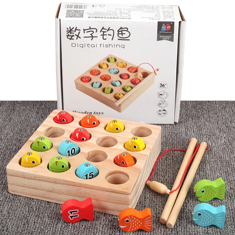 Wholesale Wooden Magnetic Digital Fishing Game Childrens Fun Fishing Toys 2 Fishing Rods 15 Small Building Blocks