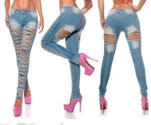 Wholesales stock cheap boyfriend ripped skinny stretch d damage jeans for girl