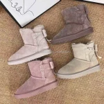 Winter new style snow boots womens flat non-slip bow thickened cowhide short tube cotton shoes