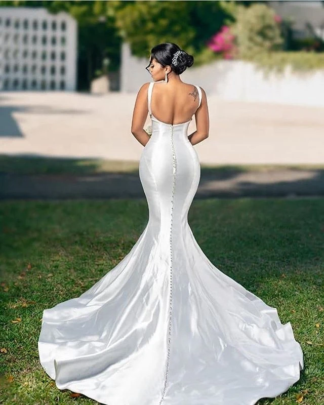 Women Mermaid Satin Wedding Dress Sweetheart Backless Bridal Gown Simple White Wedding Dresses With Long TailNew