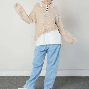 Women Sweater Patchwork Asymmetry Pullover Sweaters Irregular Fashion Casual Knitted Sweater