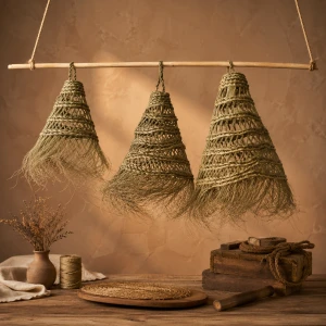 Handmade Palm Leaf Lampshade – Boho Woven Pendant Light – Natural Fiber Hanging Lamp – Mediterranean Home Decor – Whole