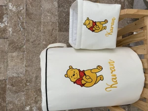 Winnie The Pooh Embroidered, Handmade Personalized Laundry Basket, Organiser, Shirred Washable Linen Hamper