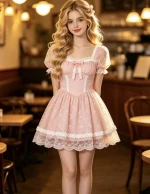 Romantic two-tone blush satin mini dress with sheer lace sleeves