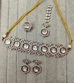 Victorian Diamond Look Polki Choker Necklace With Earring And Maang Tika