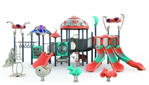 Outdoor playground in bright colors with slides and play activities for kids to play on beach