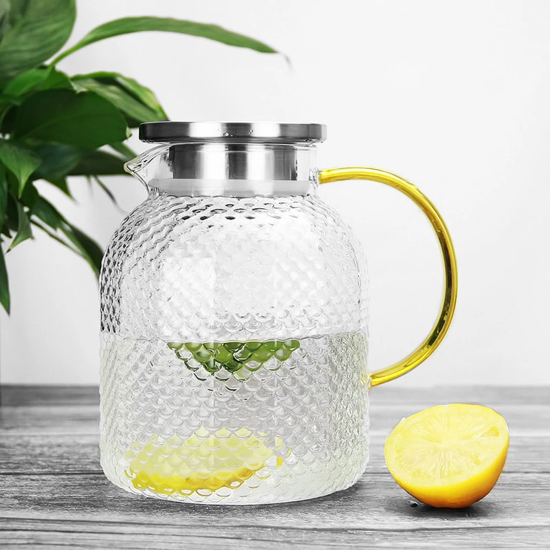 1000ML 1500ML Hammer Grain High Borosilicate Glass Tea Water Pitcher Carafe Jug with Silicone Stainless Steel Lid and Handle