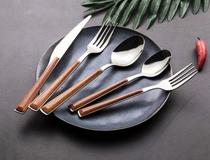 24 pcs Spoons forks knives stainless steel dinner set plastic wood handle cutlery set