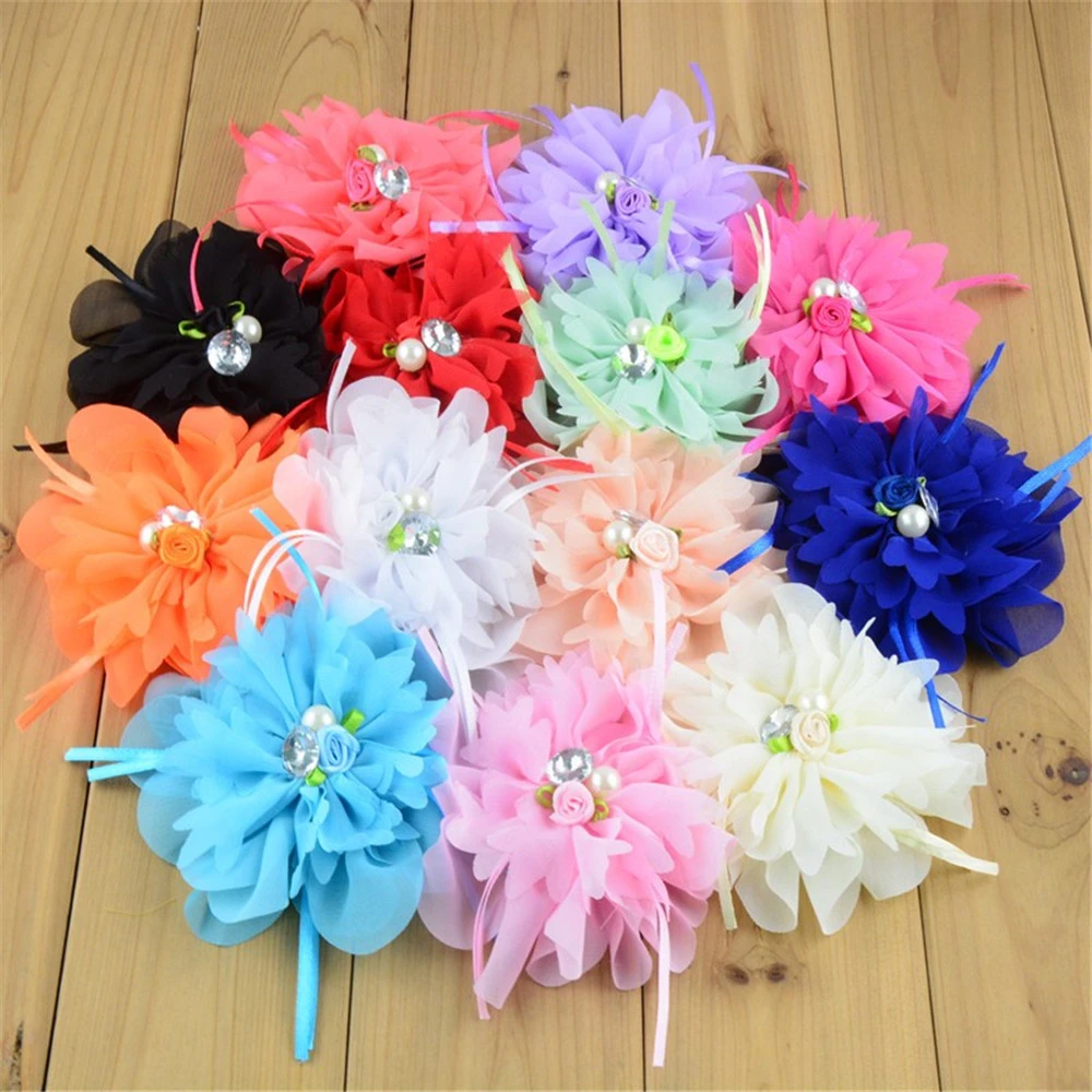 4.4 Inch Large Chiffon Fabric Flower 22 colors With Pearl Rhinestone Centered girls Hair Accessories