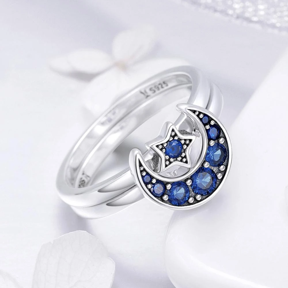 925 Sterling Silver Moon and Star Couple Ring Blue CZ Stackable Ring Set