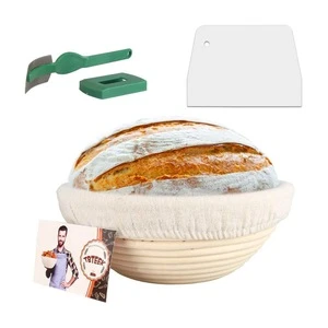 9inch Banneton Bread Proofing Basket Set-Brotform Rattan Basket with Cloth Liner,Dough Scraper,Bread Lame,Instruction
