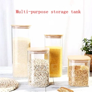 A square glass storage tank with a bamboo cover