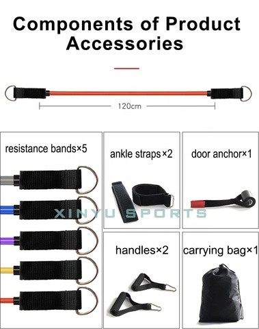 adjustable rubber /TPE 11pcs Resistance Bands Set With Foam Handles For Abs Exercise Workout Fitness Kits