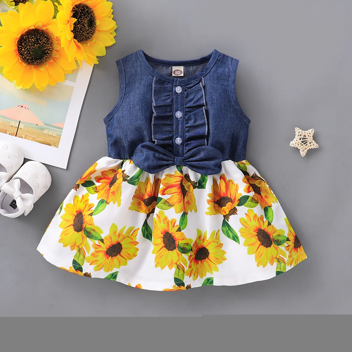 Baby Skirt Fashion comfortable Summer Toddler Baby Girls Denim Splice Sunflower Print Princess Dress Girls Party Dress summer