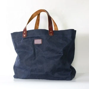 Best Vintage Oversized heavy waxed canvas tote bag leather handle strap customs waxed canvas handbag