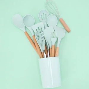 BPA Free Food Grade Cooking Utensils 11 Pieces Wooden Silicone Kitchen Accessories Utensils Set with Spoon Turner Spatula