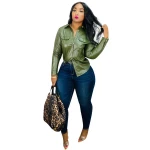 casual blouse fashion solid color button up street wear PU leather shirt for women coat cool