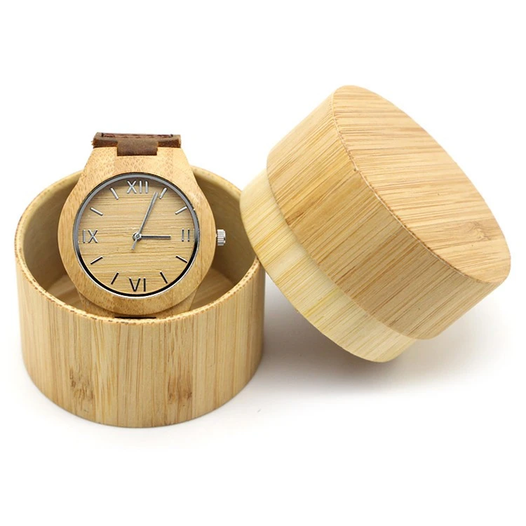 Cheap Personalized Men Storage Boxes Watches Round Pocket Wholesale Retail Custom Wrist Luxury Single Bamboo Wooden Watch Box