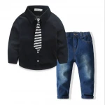 Childrens clothing set spring Baby Boys child denim suit set long sleeve dress shirts+trousers jeans+tie