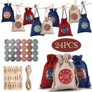 Christmas Advent Calendar Cloth Bags Countdown Hanging Gifts Bags Fabric with Drawstring with Stickers for Thanksgiving Party