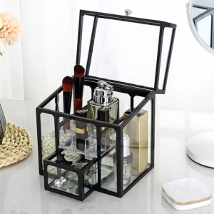 Classic desktop clamshell cosmetic facial tools brushes lipsticks storage tray glass makeup drawers storage organizer
