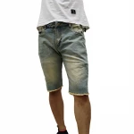 Classic fit knee length jean short men's mid rise distressed denim shorts with raw hem