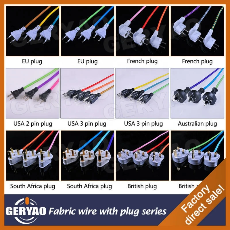 Colourful fabric wire with 3 prong plug lamp cord Coloured braided cable with 3 pin plug