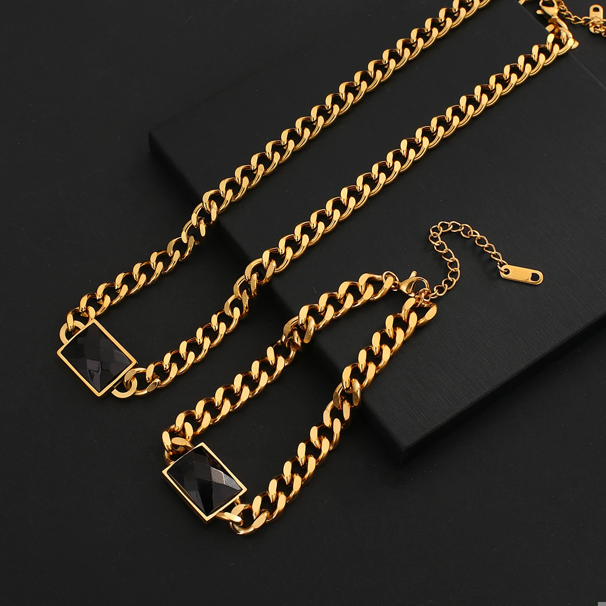 Fashion Female Jewelry Curb Cuban Mens Women Necklace Chain Gold Color Black Stone Stainless Steel Necklaces for Men