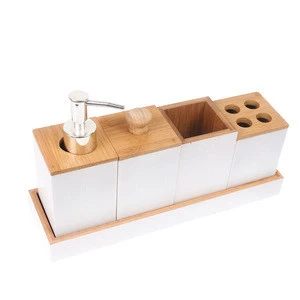Fashion Luxury 5 Piece Toothbrush Holder Soap Dispenser Natural Bamboo Antique Bathroom Accessory Sets