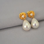 French retro 18k golden flowers colorful halo water drop pearl 925 silver needle temperament simple earrings accessories