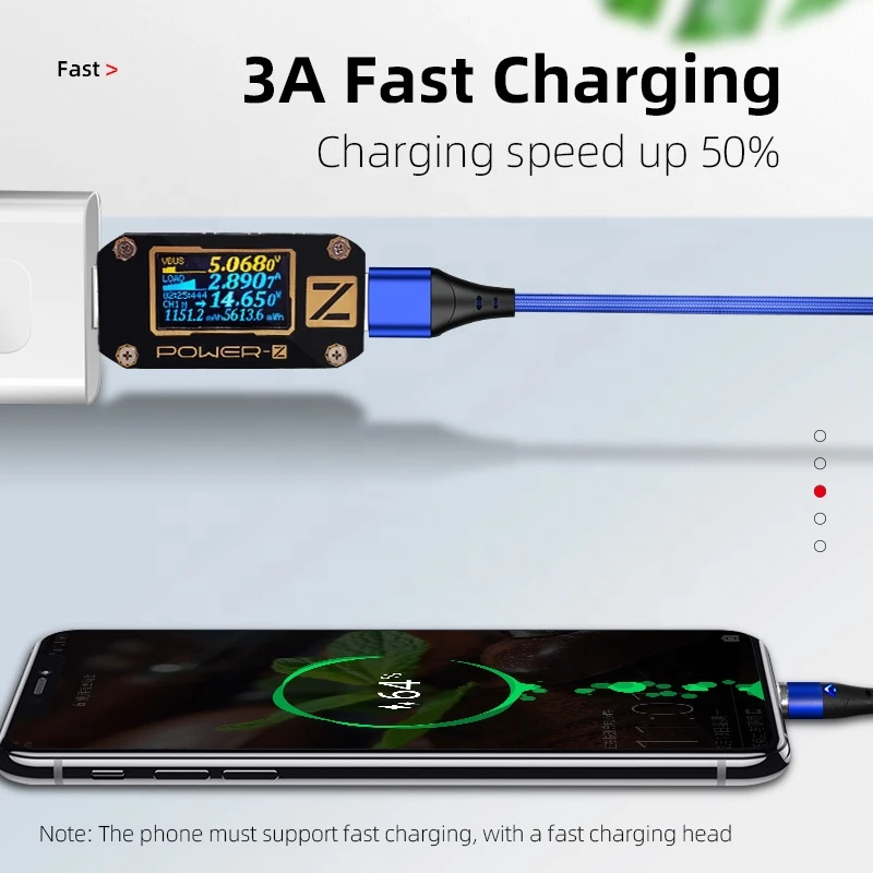 Greenport- High Quality LED Light Magnetic USB Cable with data transfer 3A fast charging 3 in 1 Android /USB C/IOS Connectors