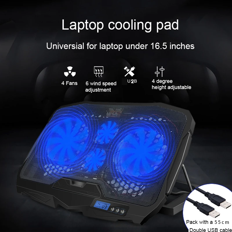 Heights Adjustment Laptop Cooling Pad 4 Fans Up to 17.3 Inch Notebook Cooler with 2 USB Ports