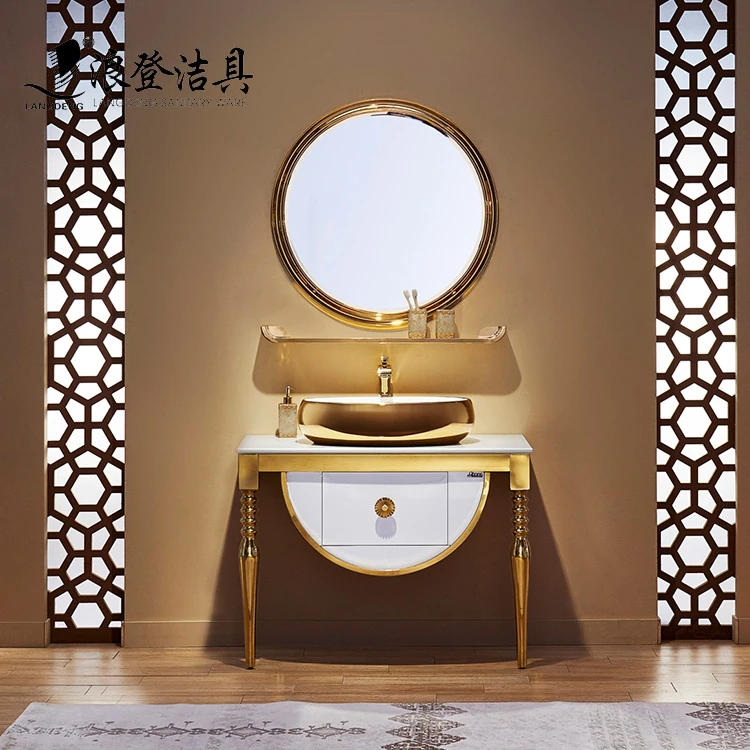 High Quality Luxury Gold Stainless Steel Bathroom Furniture Vanity Cabinet