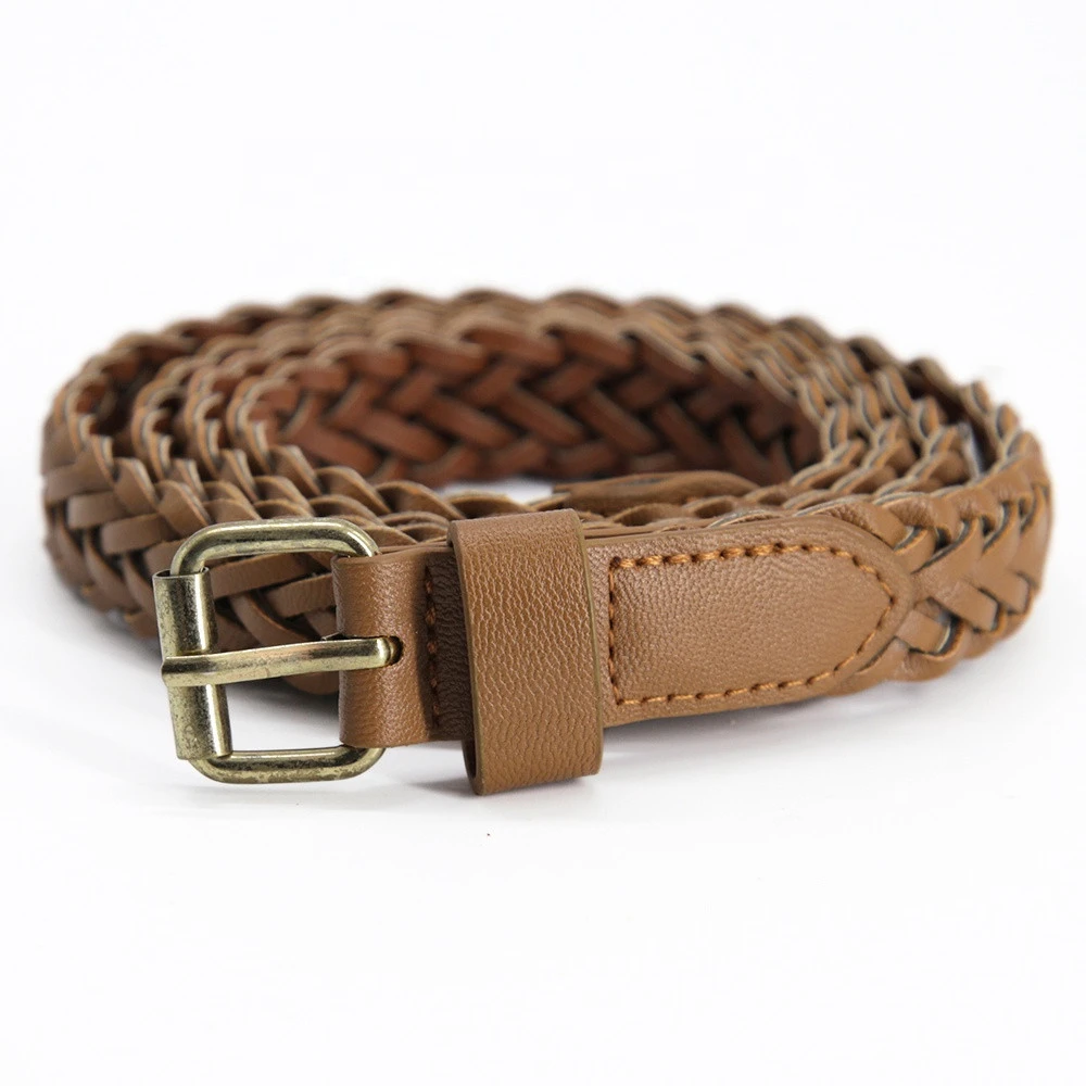 High Quality Popular Custom Novelty Women Braided Belt PU Leather Woven Belt with Pin Buckles