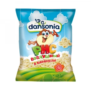 High quality puffed rice in caramel 30 g TM "Dansonia" sweet snack airy rice grains wholesale from manufacturer