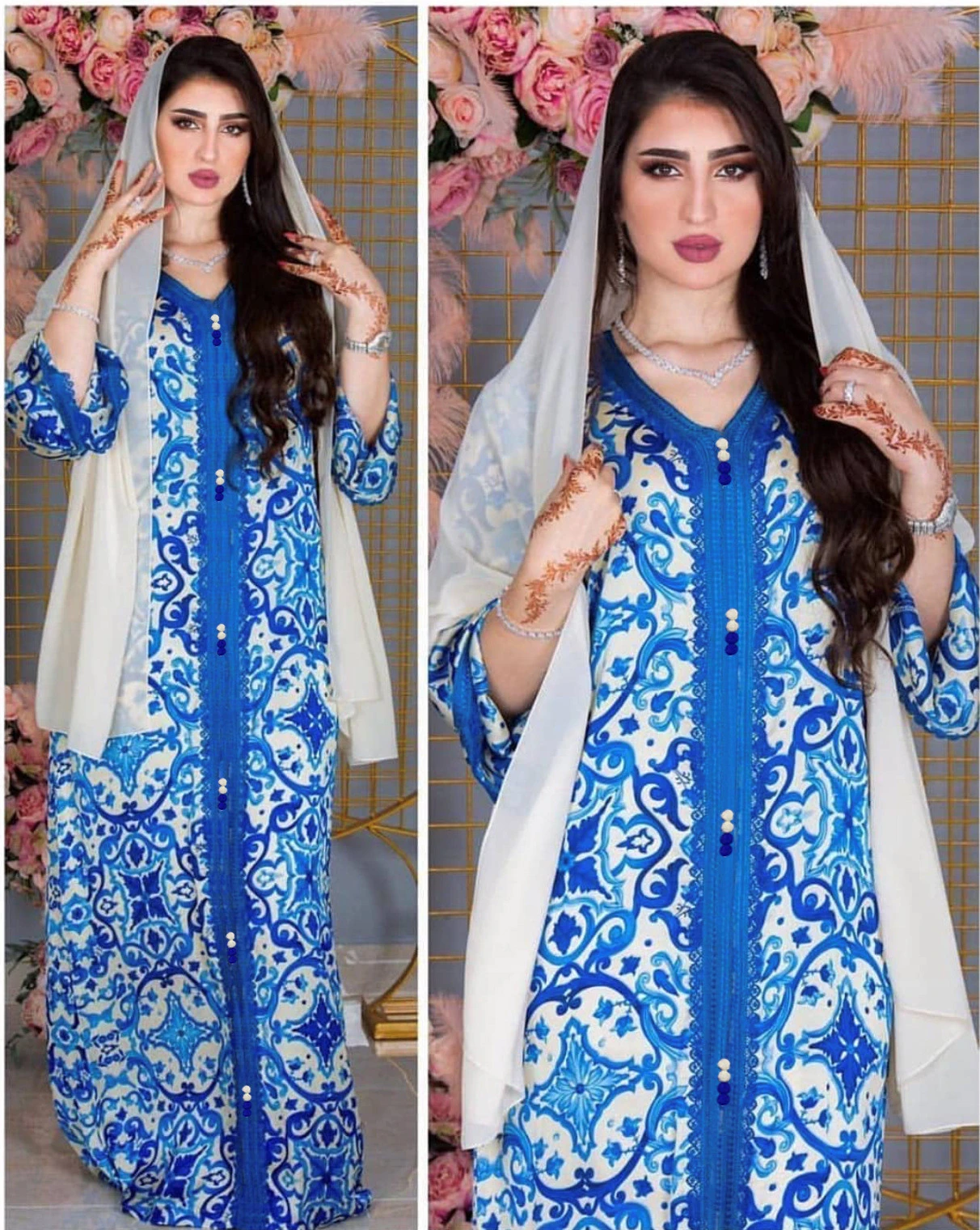 HJ ZMDR44 Modest Summer Blue Floral Kaftan Dubai Abaya Islamic middle east jalabiya Muslim Dress