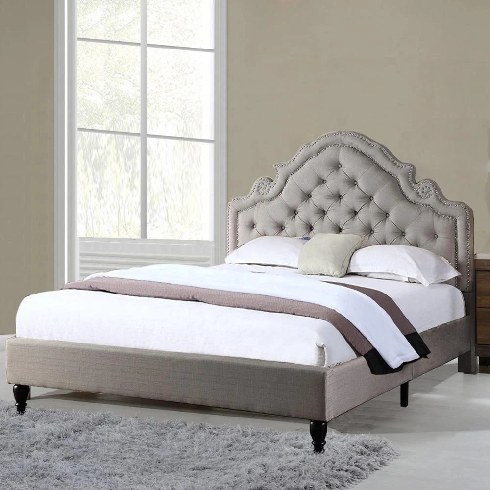 Hot Sale Linen Fabric King Queen Size Upholstered Platform Bed