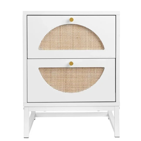 Hot-sale Rattan Nightstand Cabinet with 2 Rattan Rustic Drawers Storage and Metal Leg Natural Side Table for Living Room